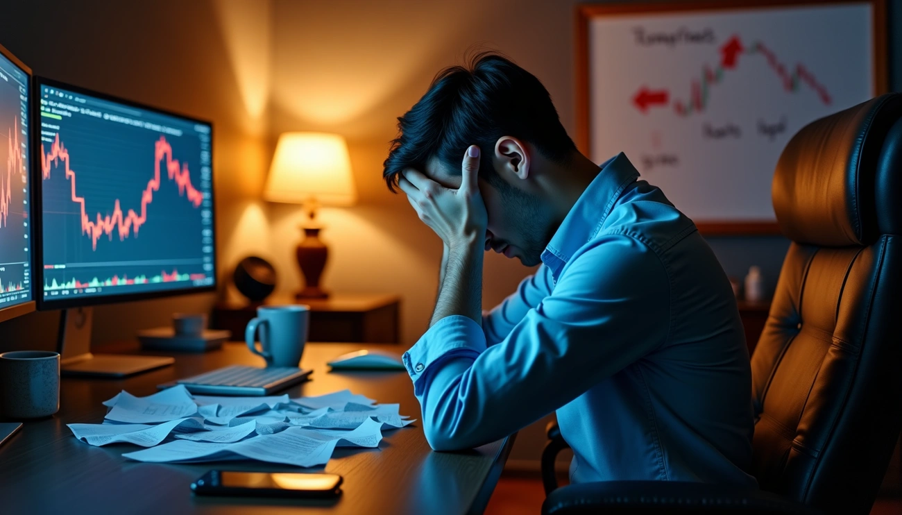 Stressed trader sitting at desk